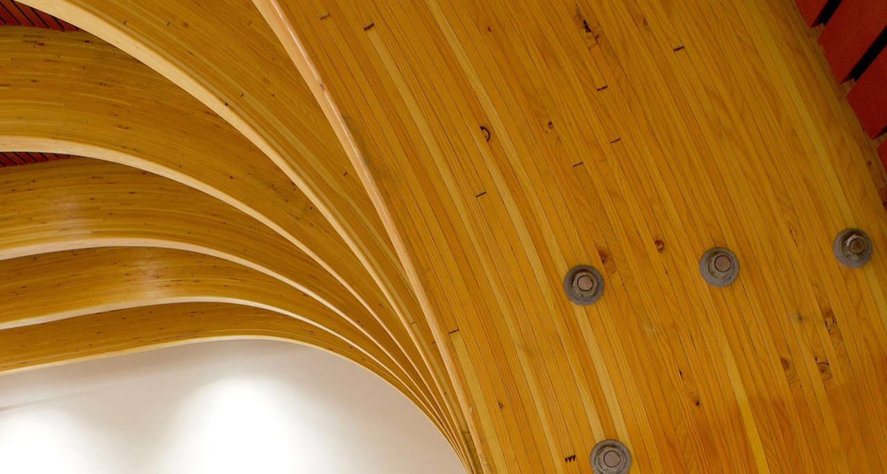 curved glue-laminated roof structure.